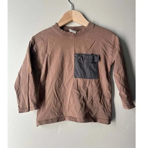 Zara Long Sleeve Tee 90s Skate Y2K Mocha Brown Utility Pocket Snap