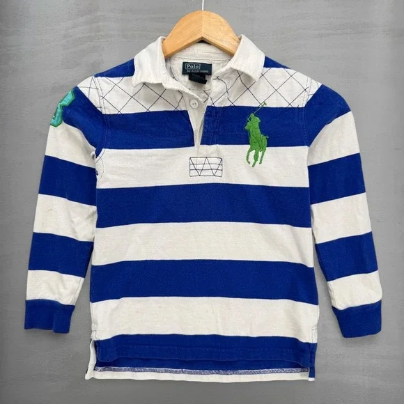 Polo Ralph Lauren Rugby Shirt Blue White Striped Quilted Pony Logo Size 7