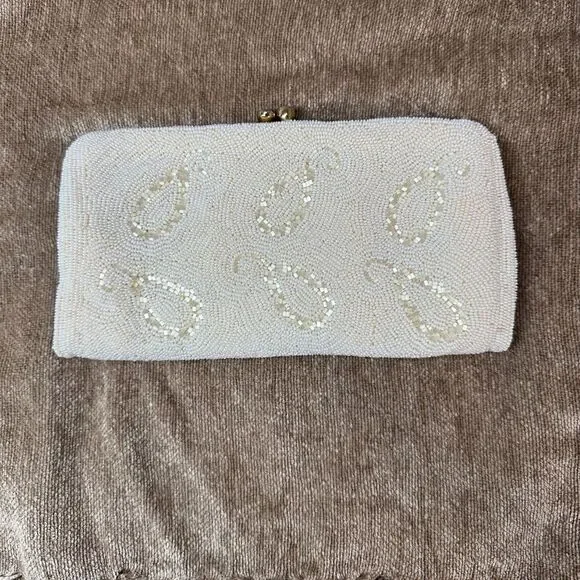 Vintage Cream Hand Beaded in Belgium Clutch bag with Coin Purse