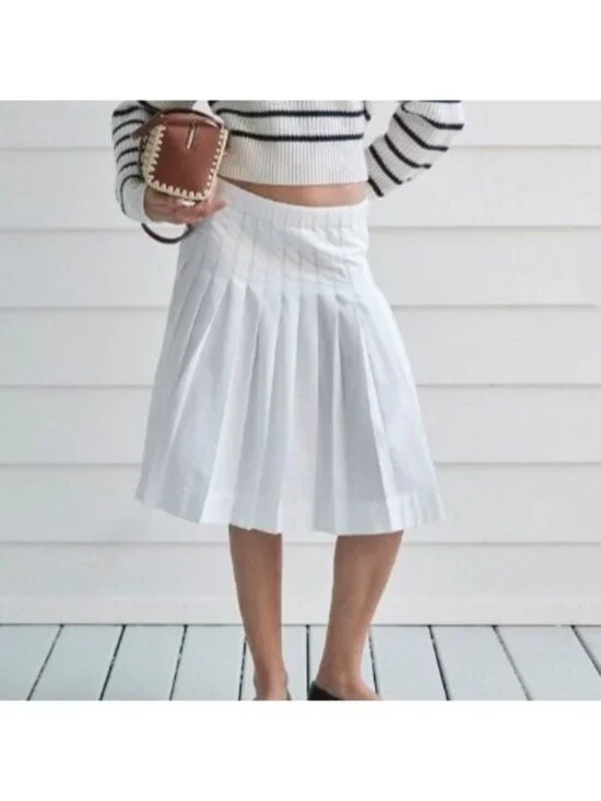 NWT J.Crew Pleated Midi Skirt Sz 4 White Cotton Poplin Classic Lightweight Boho