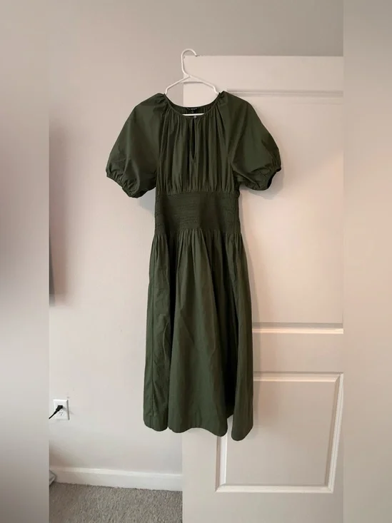 J.Crew Olive Green Smocked Waist Poplin Midi Dress Puff Sleeve🧡