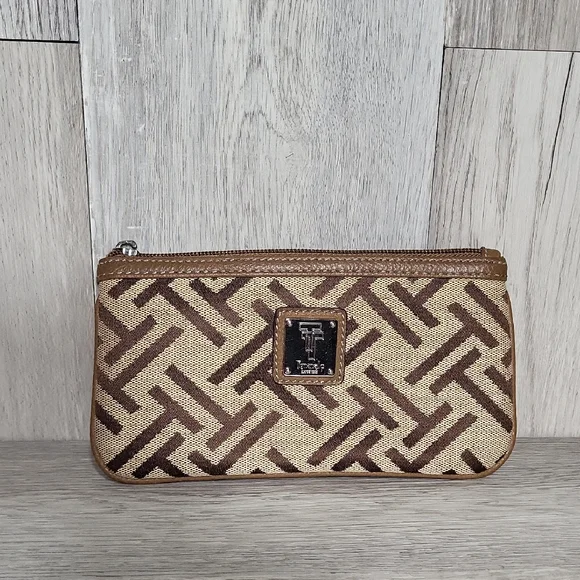 Tignanello Signature Canvas  Wristlet Wallet Pouch Zippered Pockets Leather Trim