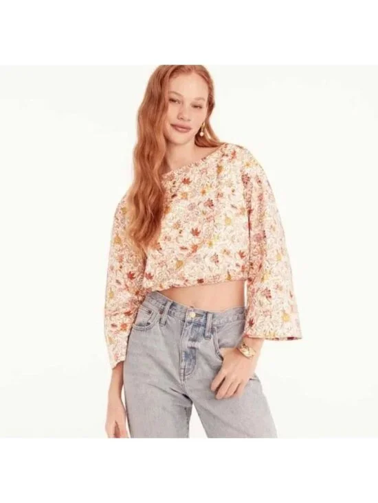 J. Crew Liberty Fabric Garden Of Life Top Bell-Sleeve Organic Cotton Cropped S