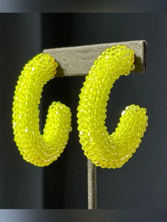 J Crew Neon Yellow Green Crystal Beaded Hoop Earrings Tropical Beachy Summer