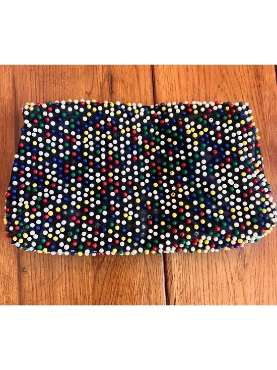 Vintage Beaded Multicolor Clutch With Metal Ring Accent Handcrafted Design 8.5
