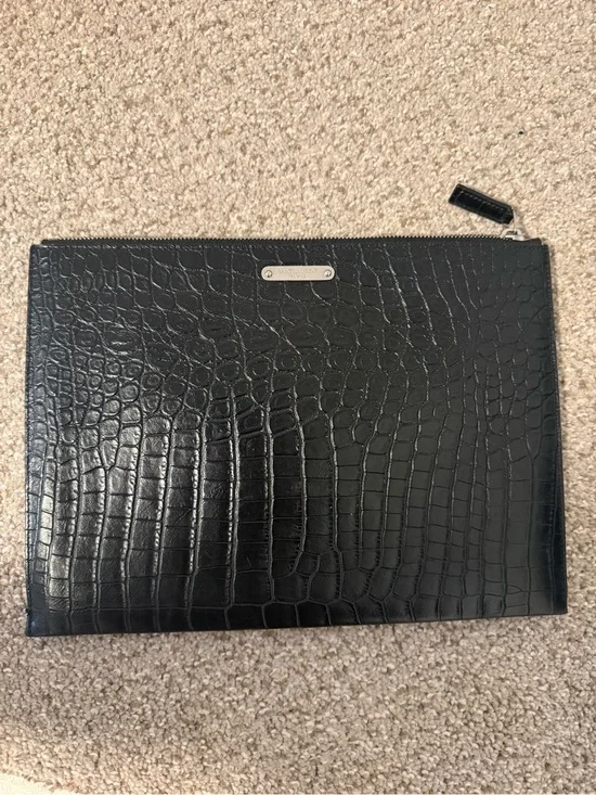 Authentic YSL Croc-Embossed Leather Black Zip Pouch