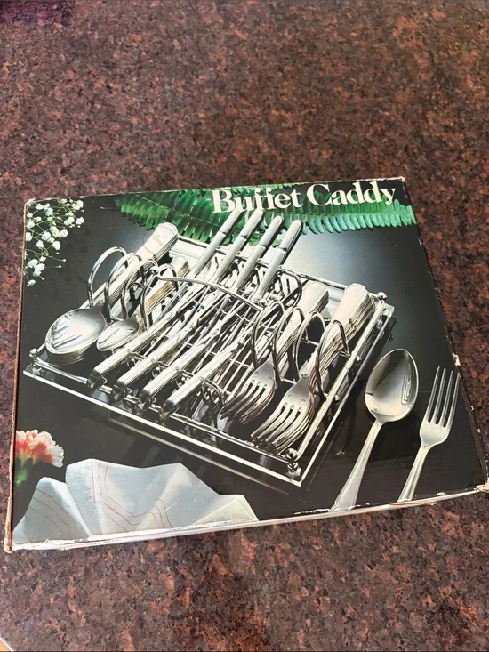 Vintage Silverplated & Acryllic Buffet Caddy Silverware Organizer Holder  NEW