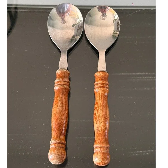 Vintage Stainless Taiwan Soup Spoons Set 2 Wood Handle Mid Century Modern MCM
