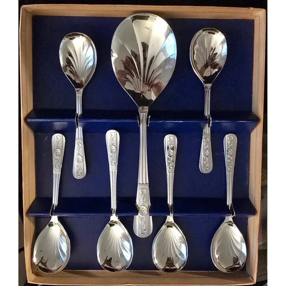 Vintage Sheffield Eng Stainless Chromium Plate Fruit Dessert Spoon Set Boxed 7pc