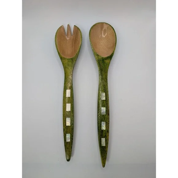 Philippines Wood Salad Servers Mother of Pearl Inlay Green 13.5