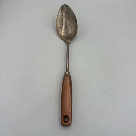 Vintage Ekco USA Stainless Serving Spoon Copper Handle Mid Century Kitchen Tool