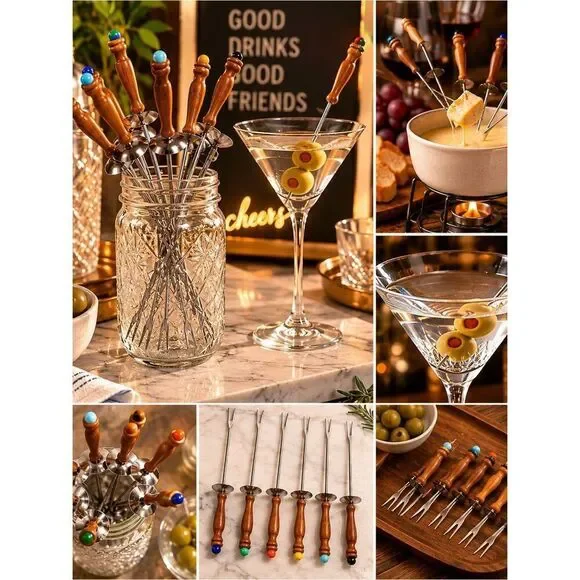 Vintage Mid-Century Cocktail Picks/Fondue– Set of 6 Wooden Handles w/ Color Tips