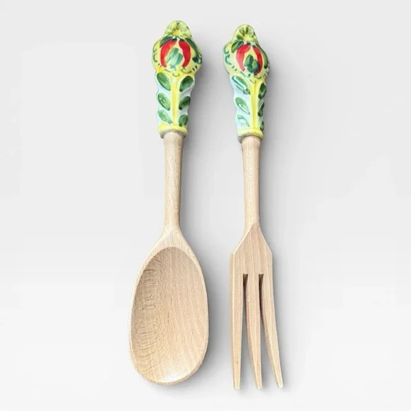 Orvieto Hand-Painted Red Chili Design Ceramic & Wood Salad Serving Fork & Spoon