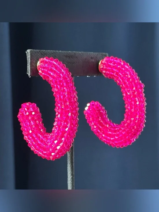 J Crew Pink Crystal Beaded Chunky Hoop Earrings Bling Tropical Beachy Summer