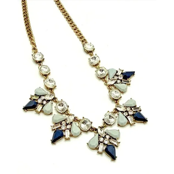 J. CREW Clear & Blue Pointed Cluster Bib Necklace Crystal Rhinestone Statement