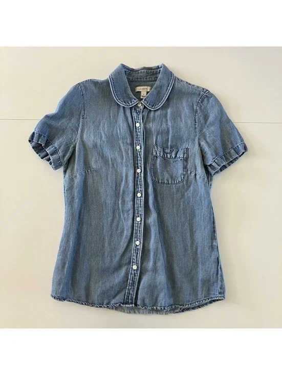 J.Crew Denim Short Sleeve Button Up Blouse Peter Pan Collar Sz 4 Coquette