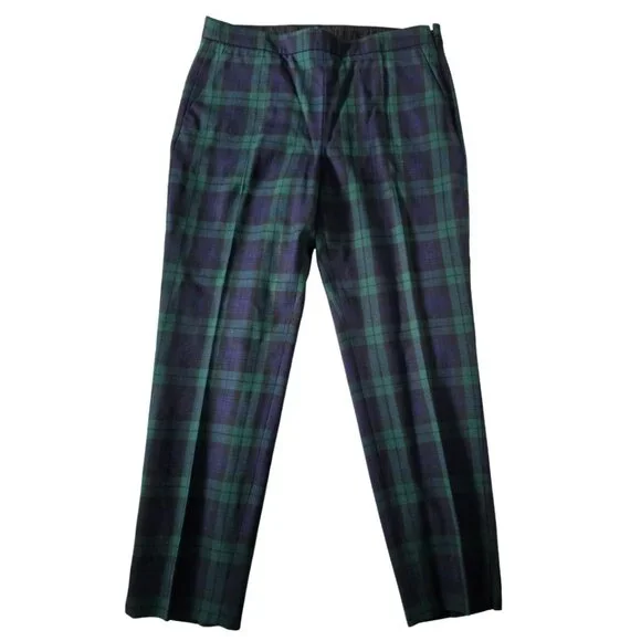 J.Crew Wool Tartan Plaid Pants Green Navy Tailored Trouser Preppy Size 6