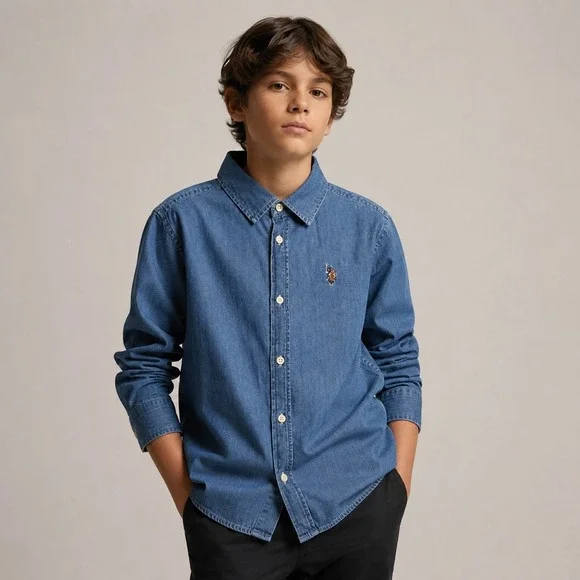 US Polo Assn Boys Denim Button Down Shirt Blue Long Sleeve XL 14-16