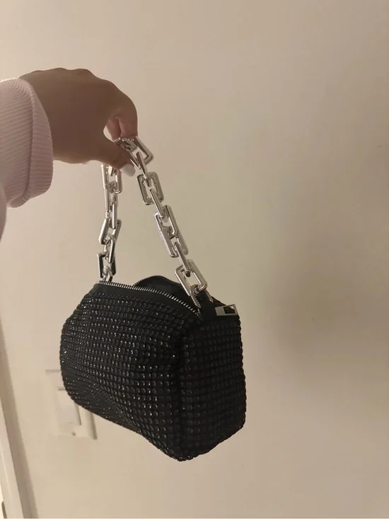 Black Rhinestone Wristlet with Chunky Silver Chain Handle