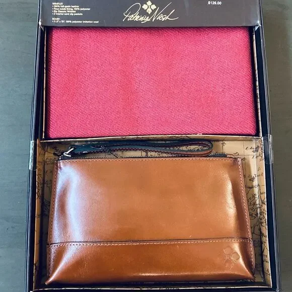 NWT Patricia Nash Leather Wristlet Bag & Luxurious Pink Scarf Gift Set