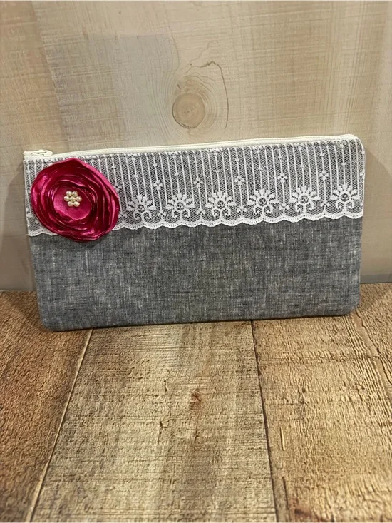 New Lace-Trim Gray Clutch with Pink Flower Accent by Penny Royalty