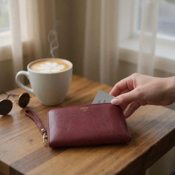 Fossil Wristlet Fuchsia Leather Clutch‎ Bag 6.5