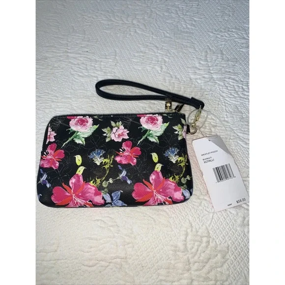 Betsey Johnson Double Zip Wristlet/Pouch‎ Black Floral XOTALLI, MSRP: $58