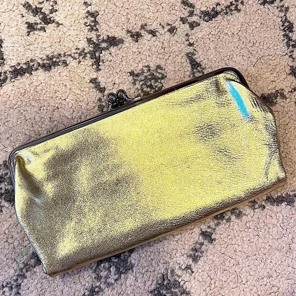 Gold Leather Twist Top Clutch
