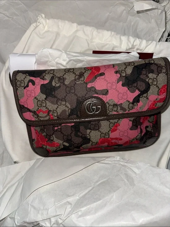 Gucci Brown Pink Red Camouflage GG Canvas waist belt bag  and crossbody
