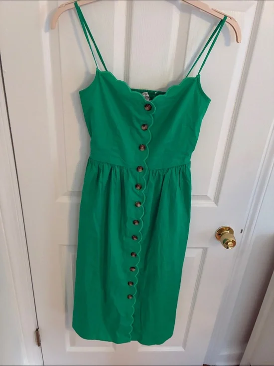J. Crew Emerald Green Scallop-Trim Button-Front Midi Dress