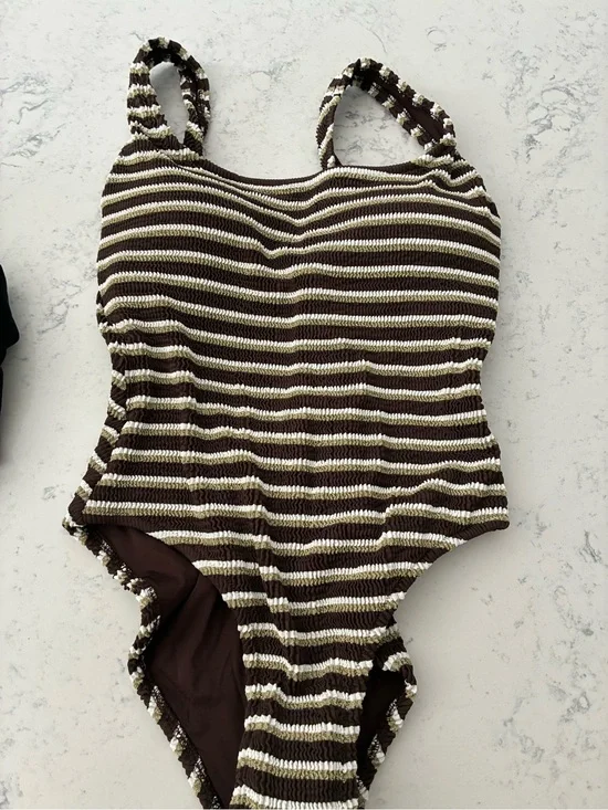 NWT Sz 10 J.Crew Claudia Scrunched Striped Brown & Cream One-Piece Swimsuit