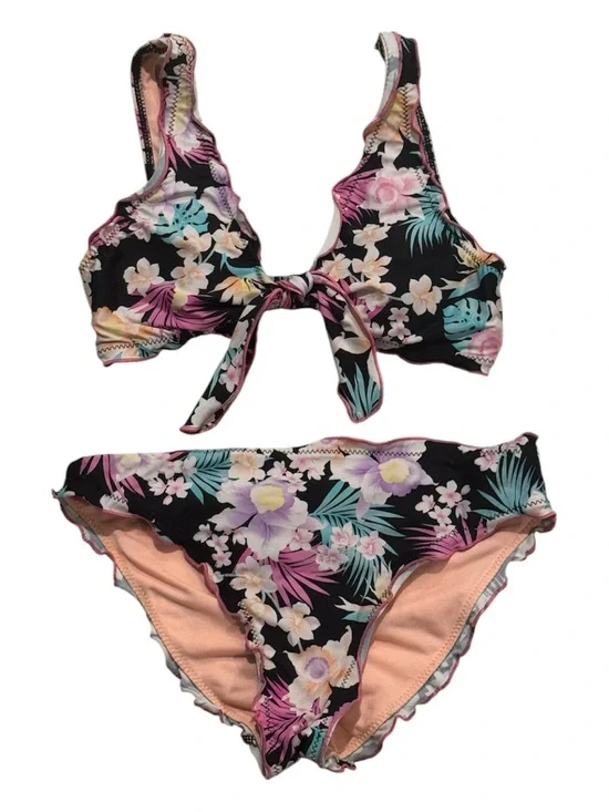 Floral Tie-Front Bikini Set - Black with Pink & Teal Flowers