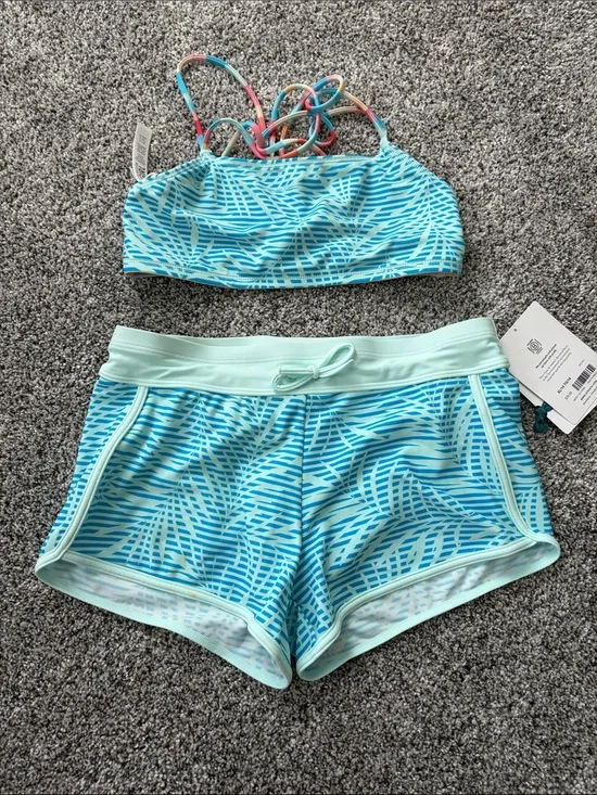 Athleta Girls' Aqua Wave Pattern Two-Piece Swim Set with Multi-Color Straps