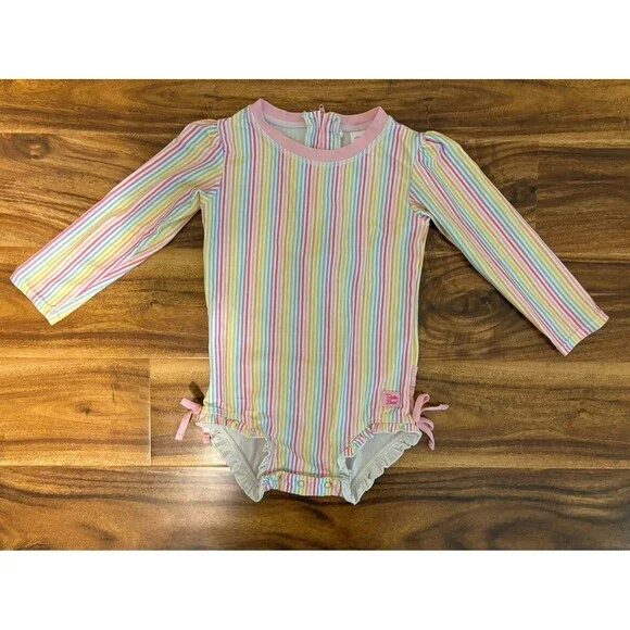RuffleButts One-Piece Rashguard Swimsuit, Rainbow Stripes, Size 3T