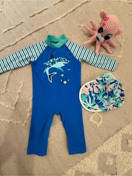 Coolibar Shark One-Piece Rash Guard Swimsuit with matching hat