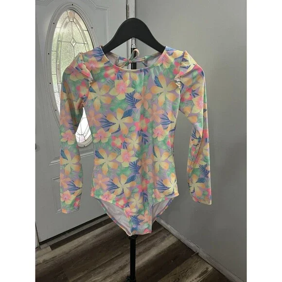 Target Girls Long Sleeve One-Piece Swimsuit Floral Tropical Multicolor Size L