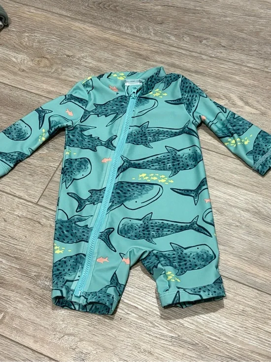 Carter's | Teal Shark-Print Zip One-Piece Swim Romper