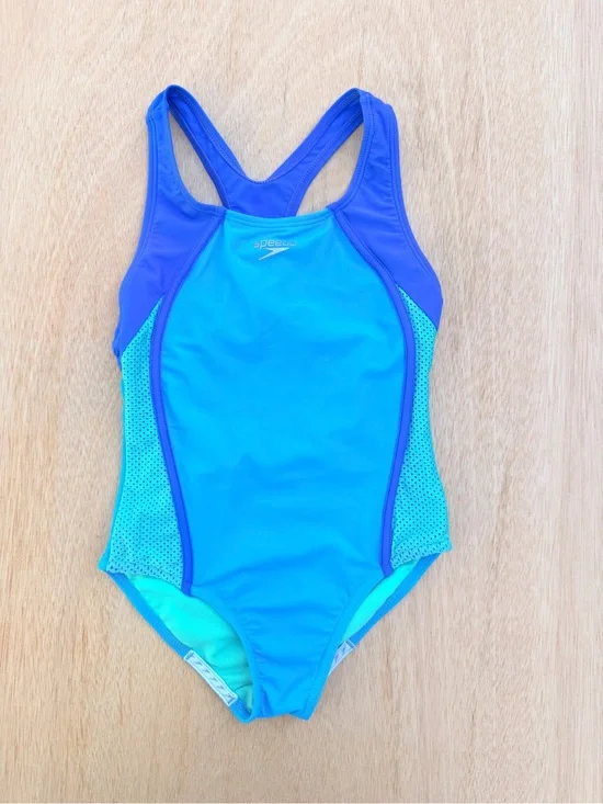 Speedo Girls Size 8 Athletic One Piece Swimsuit Blue Sport Racerback Colorblock