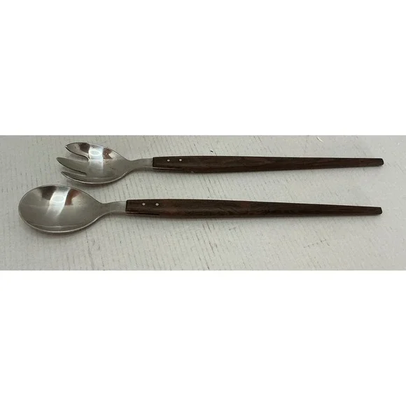 Hepe Vintage Salad Serving Set Stainless Wood Handle Denmark MCM Mid Century 12