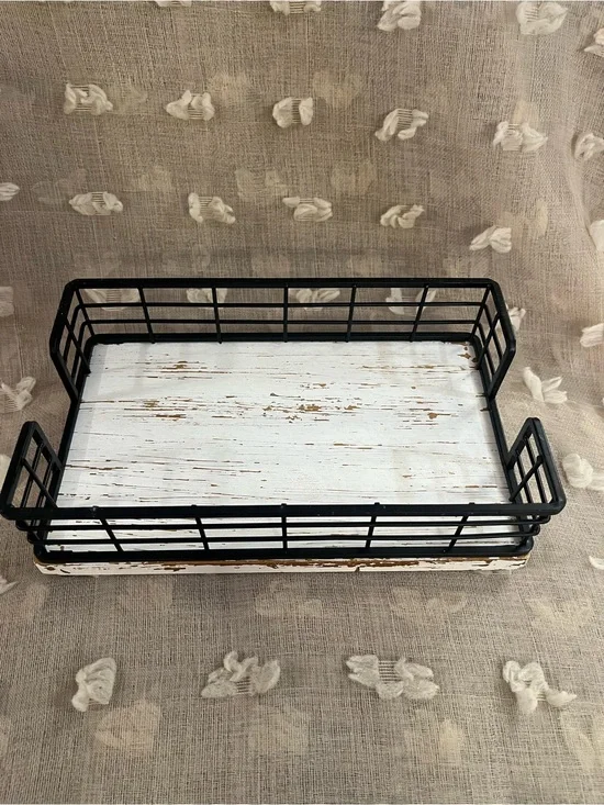 Black Wire & White Distressed Wood Farmhouse Napkin Tray