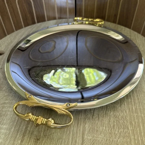 VINTAGE KROMEX USA CHROME ROUND BUTLERS SERVING TRAY GOLD TONE HANDLES Authentic