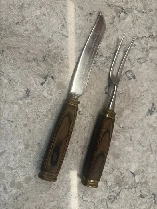 Vintage Carver Set Dark Wood Handles and Brass Bolster Initials 