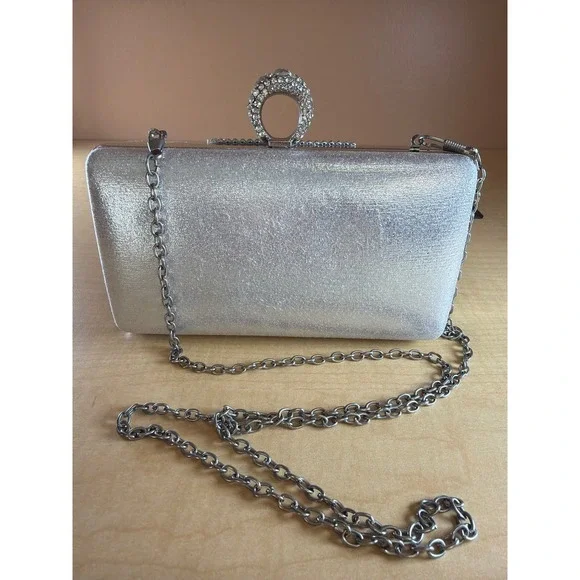 Silver‎ Shimmer Rhinestone Ring Clasp Evening Clutch Bag with Crystal Fringe