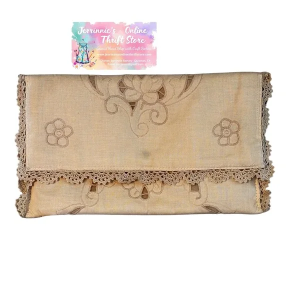 Handmade‎ Vintage Linen Clutch Purse – Cutwork Embroidery & Crochet Lace