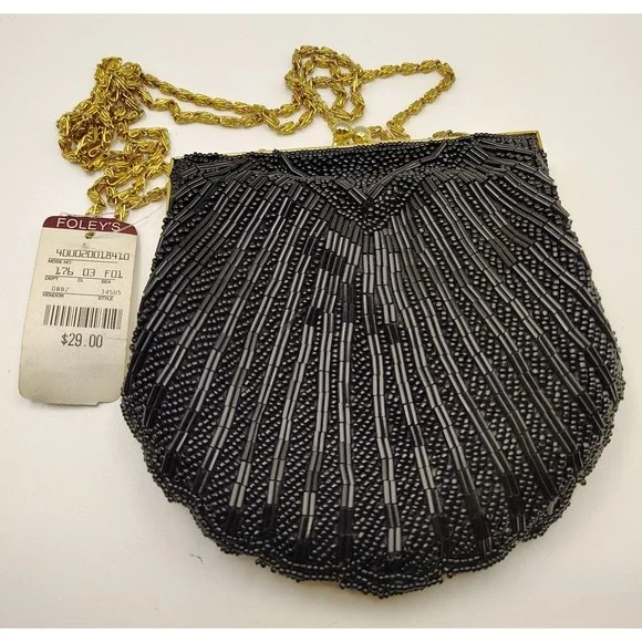 Valerie Stevens Black Beaded Shell Clutch Evening Bag Gold Chain Vintage‎ NWT