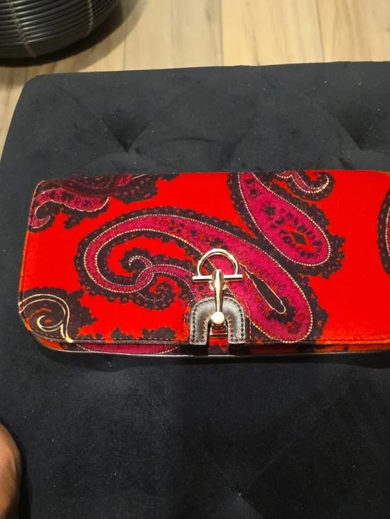 Red Paisley Velvet Clutch with Pink Accents and Gold Closure