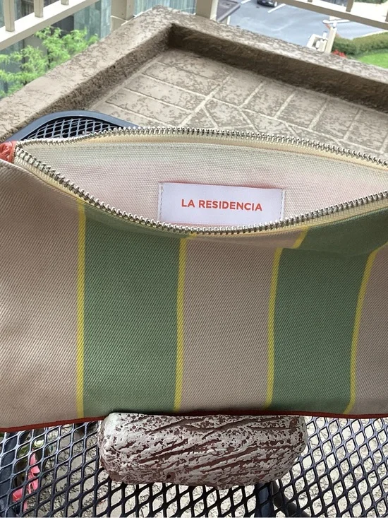 La Residencia Striped Canvas Zip Pouch in Green and Beige