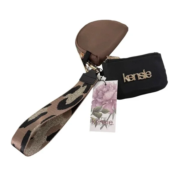 Kensie Multi Pouch Wristlet Black Brown Nylon Purse Leopard Strap Keychain‎ NEW