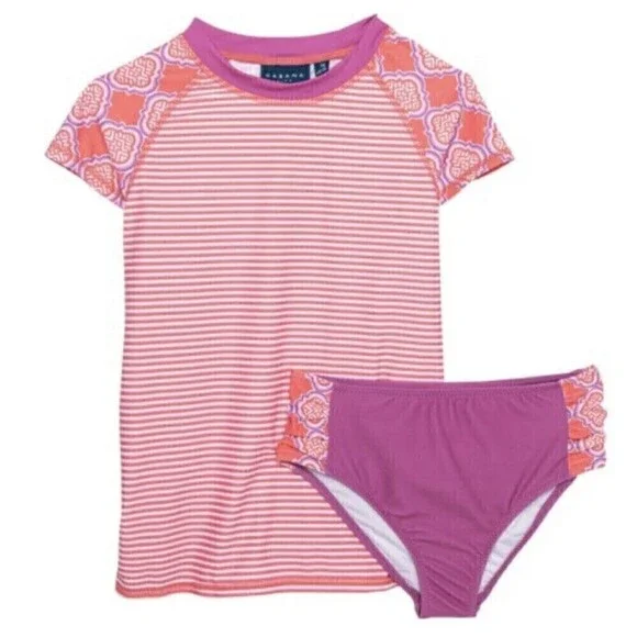 Cabana Life Rash Guard Bikini Bottoms Set Swimsuit Pink UPF 50+Short Sleeve Sz 4