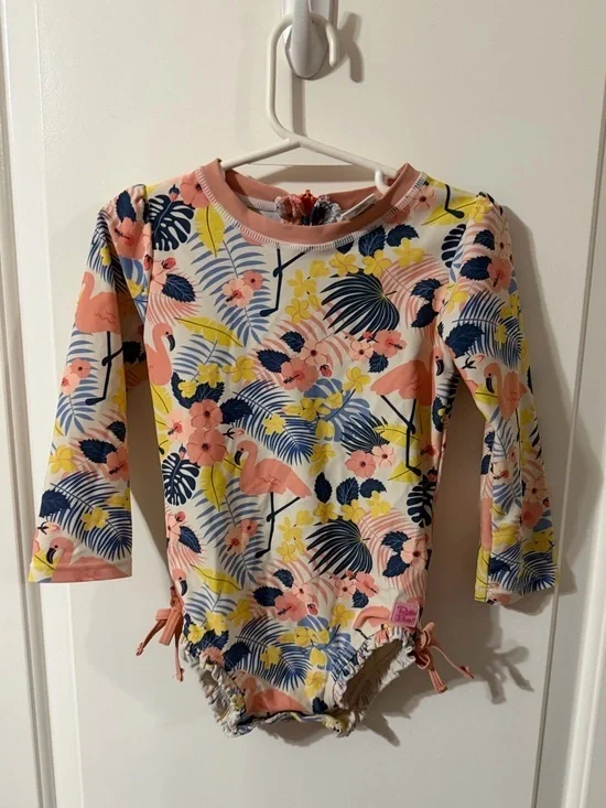 RuffleButts Flamingo Frenzy Long Sleeve Rash Guard Swimsuit 3T